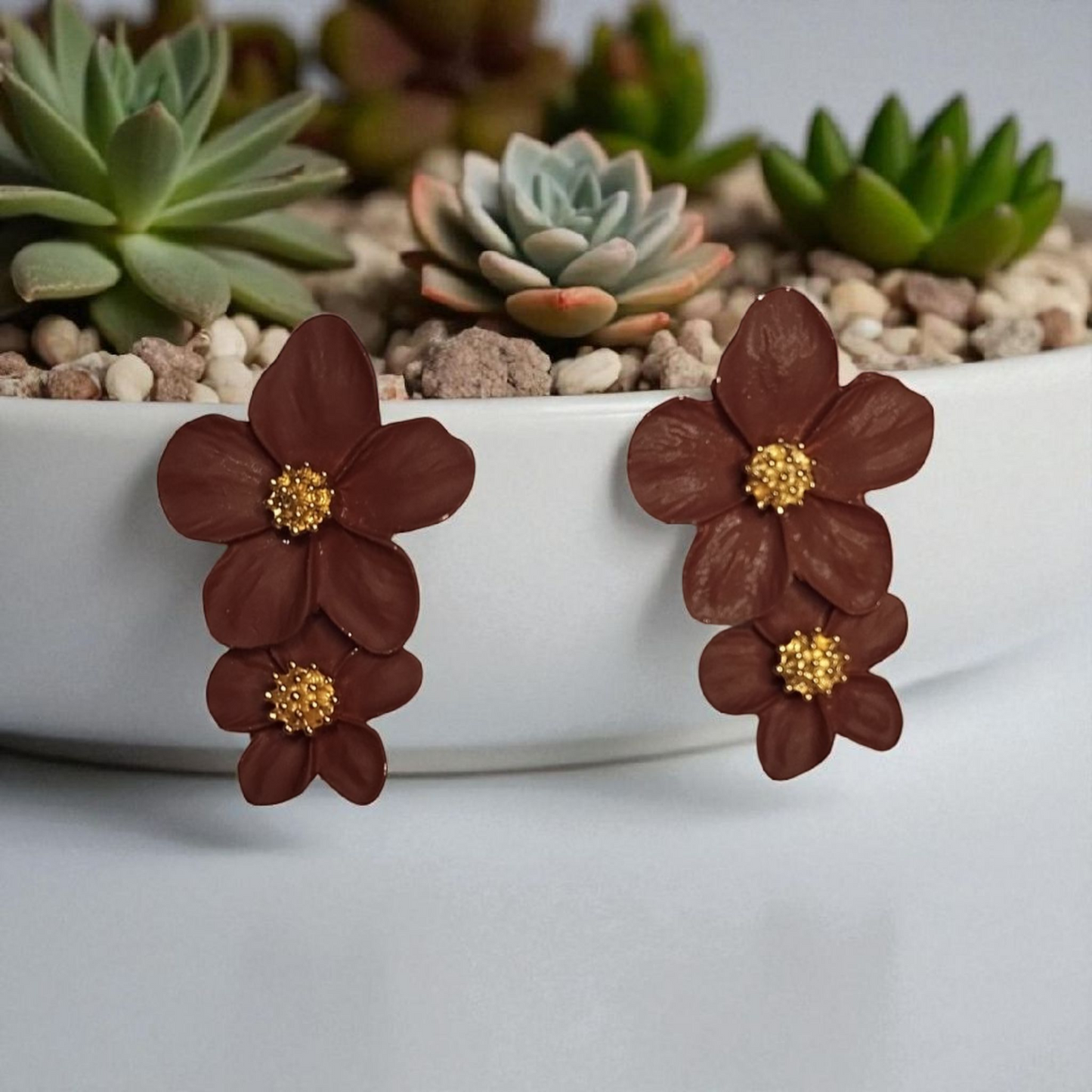 Brown Double Flower Earrings