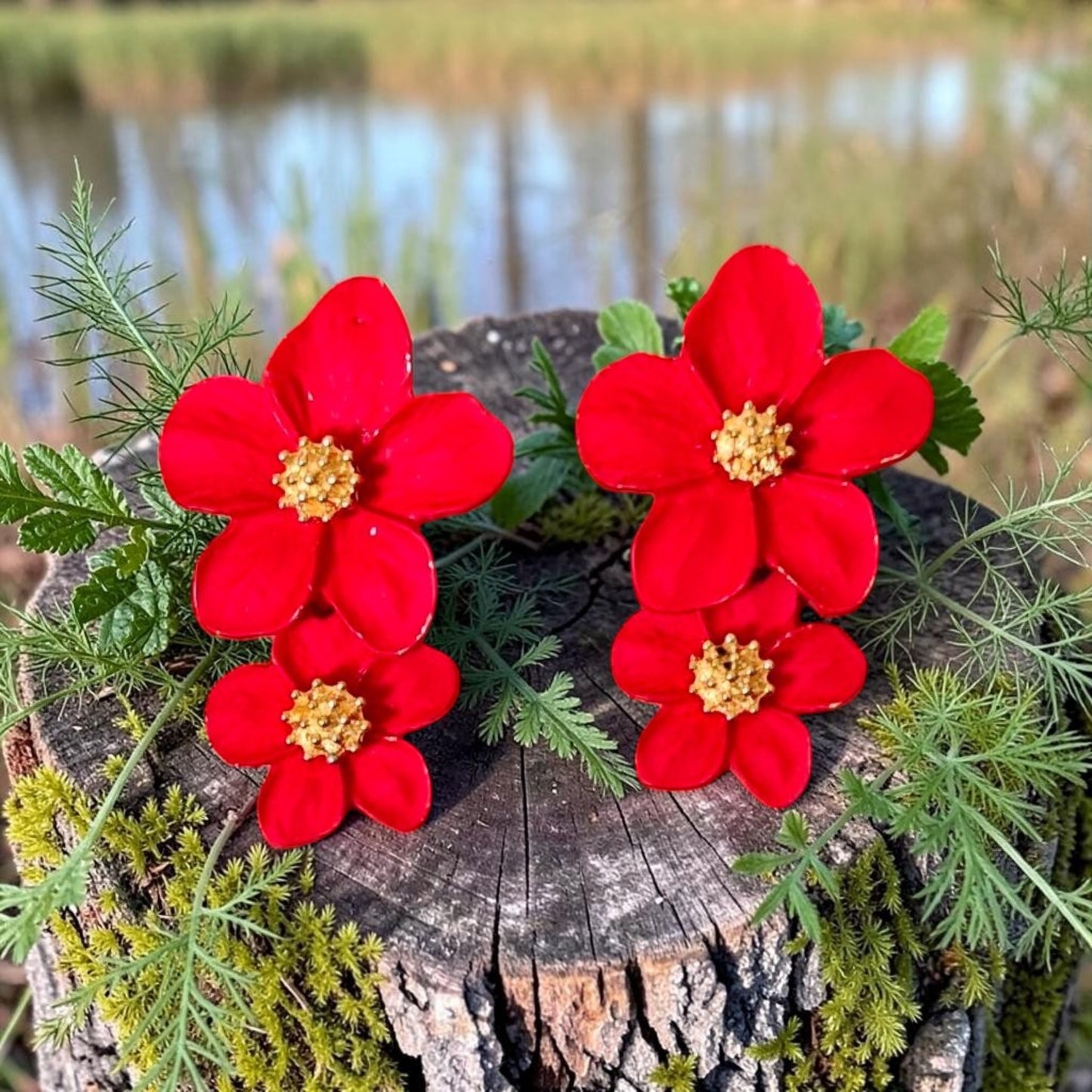 Red Double Flower Earrings
