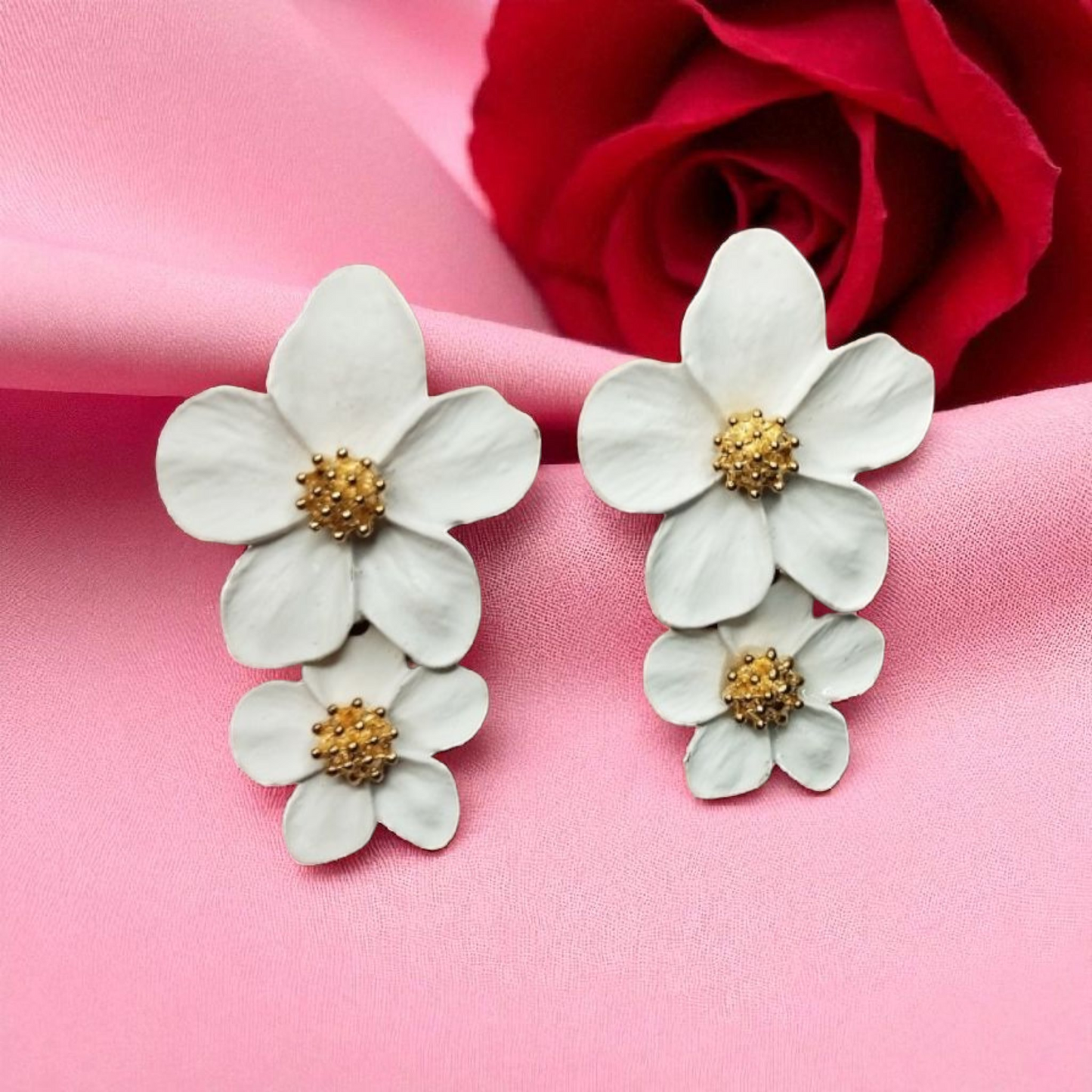 White Double Flower Earrings