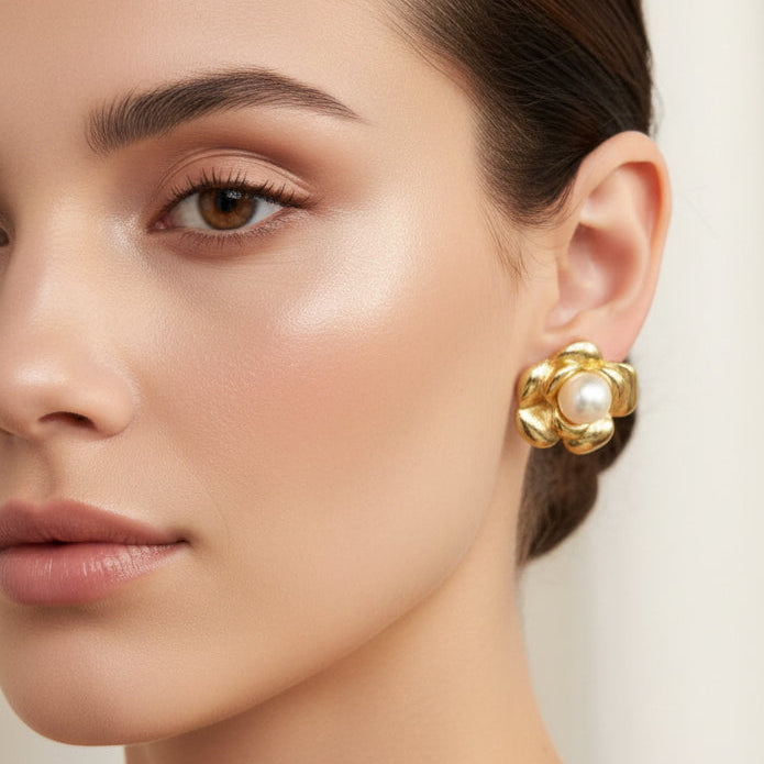 Gold Plated Floral Pearl Stud