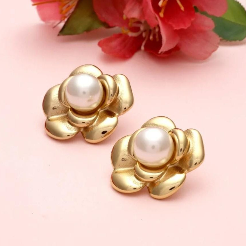 Gold Plated Floral Pearl Stud