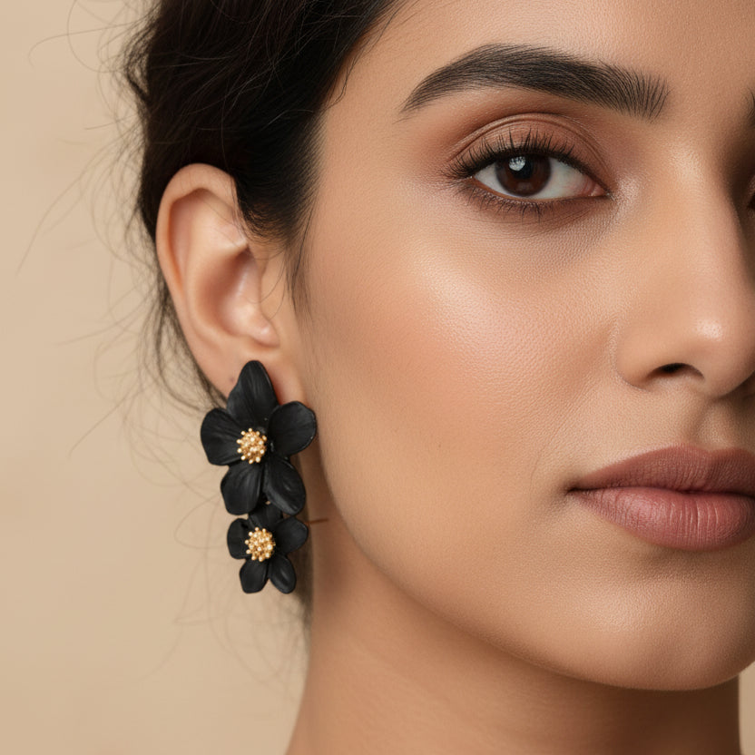 Black Double Flower Earrings