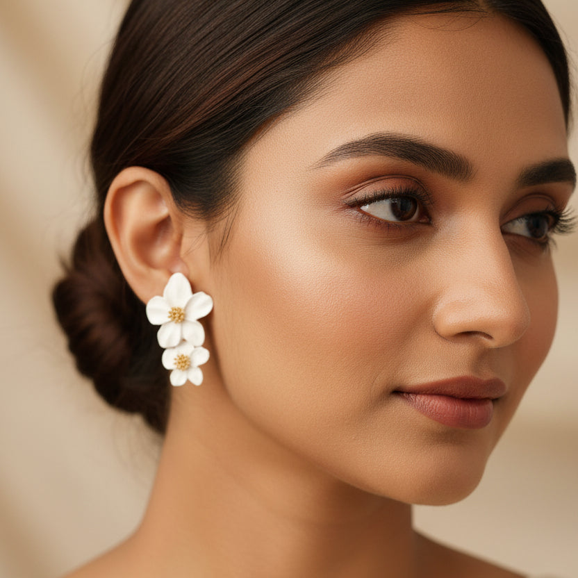 White Double Flower Earrings