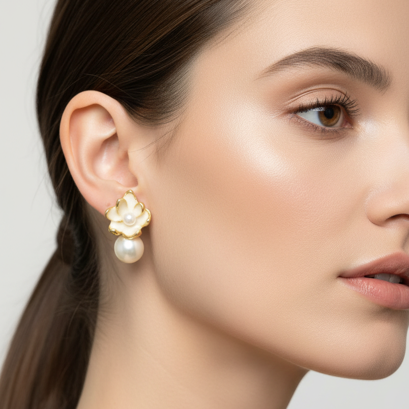White Flower & Pearl Eariings