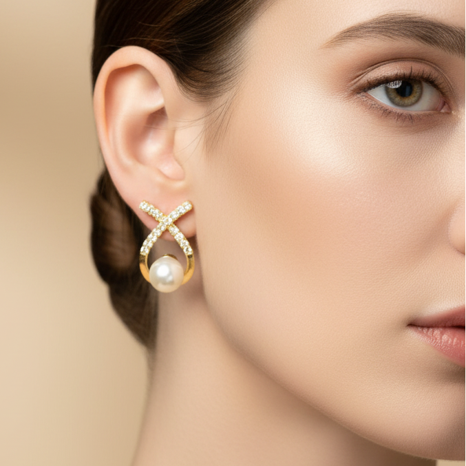 Golden Pearl Stone Earrings