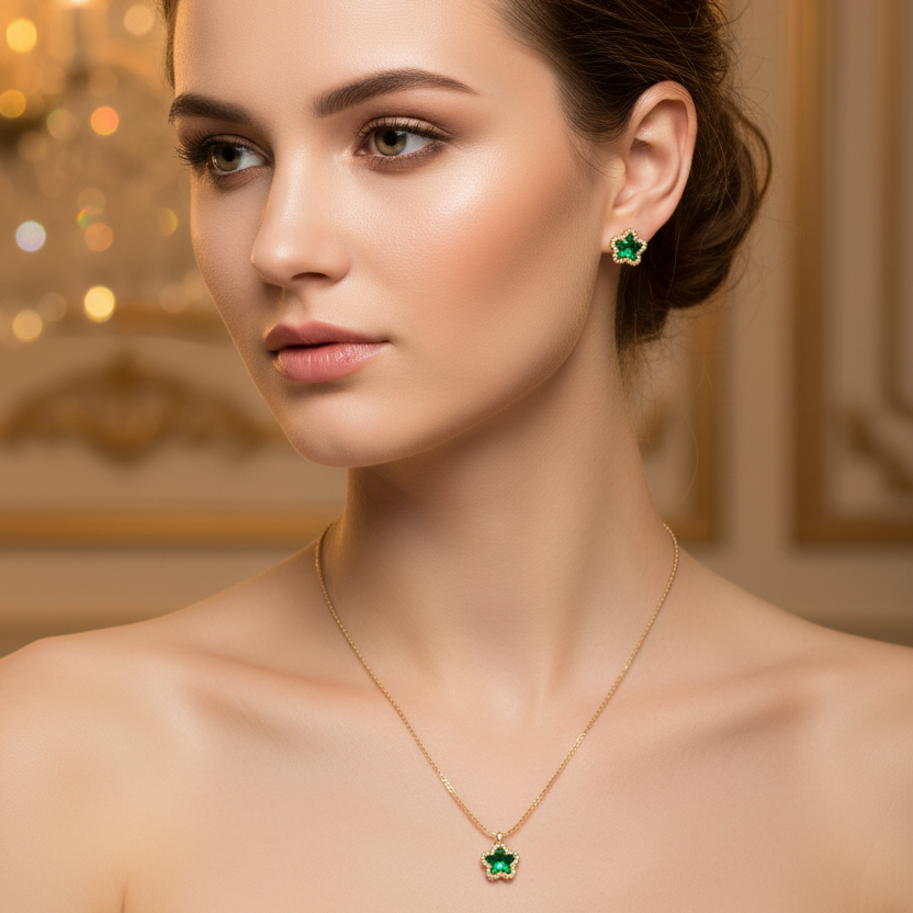 Gold Earrings and Necklace with Green gemstone