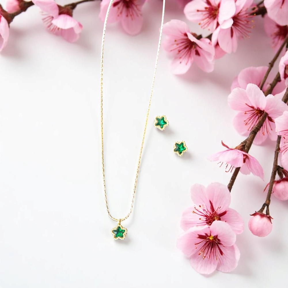 Gold Earrings and Necklace with Green gemstone