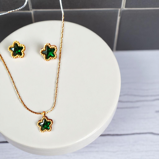 Gold Earrings and Necklace with Green gemstone