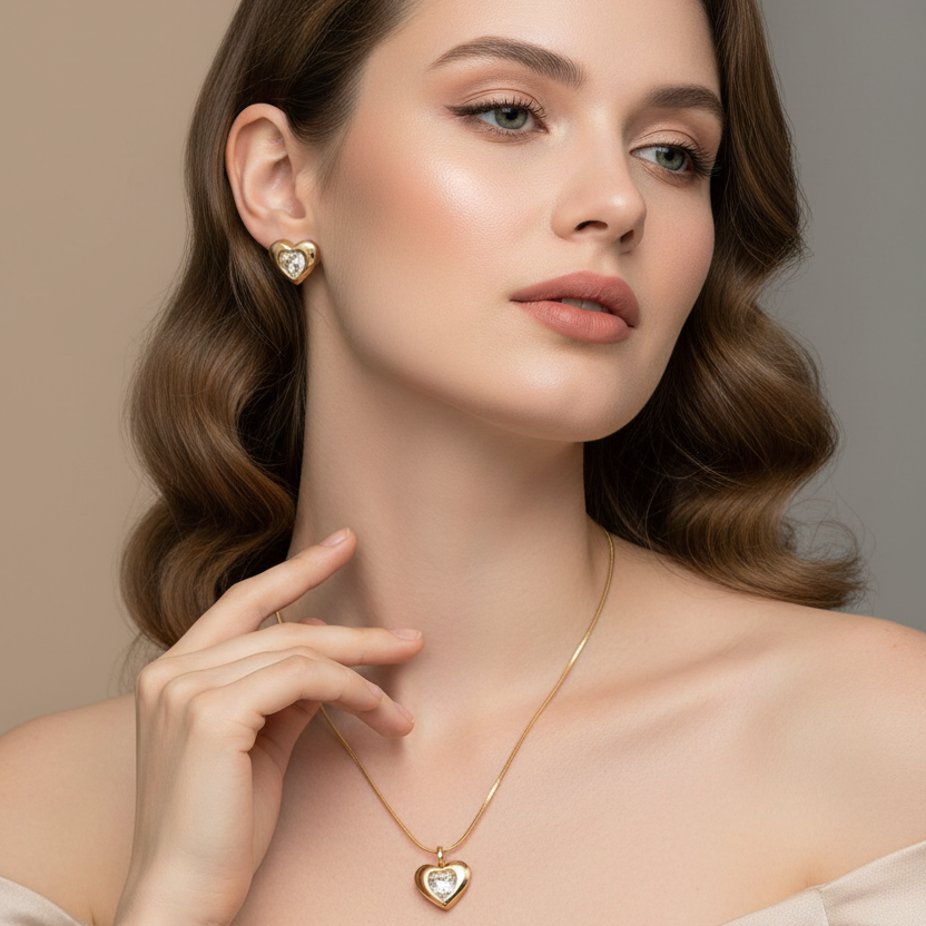 Heart Shaped Anti Tarnish Necklace with Earrings