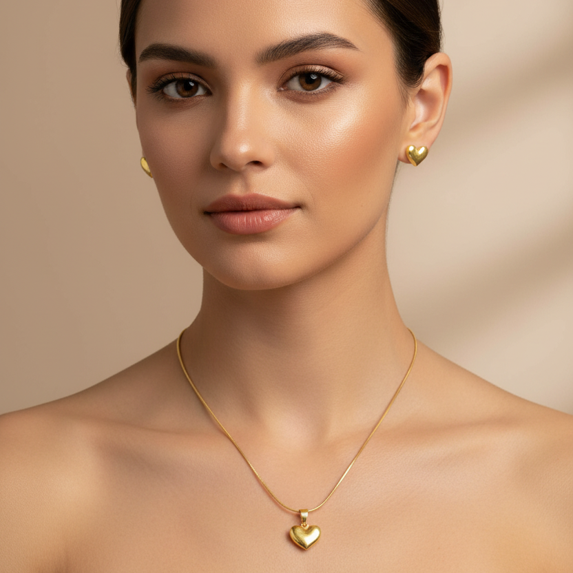 Anti Tarnish Heart Necklace with Earrings