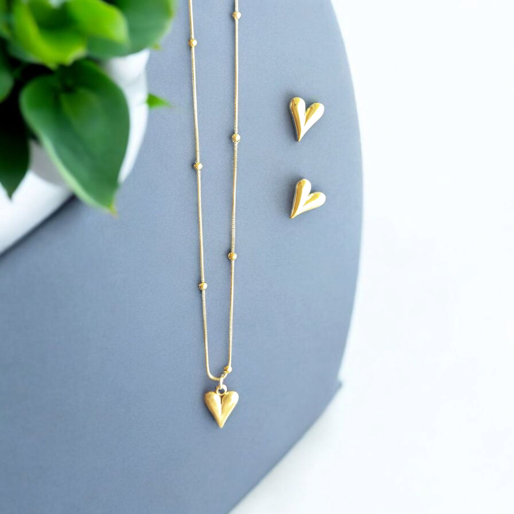 Golden Heart Shaped Earrings and Necklace