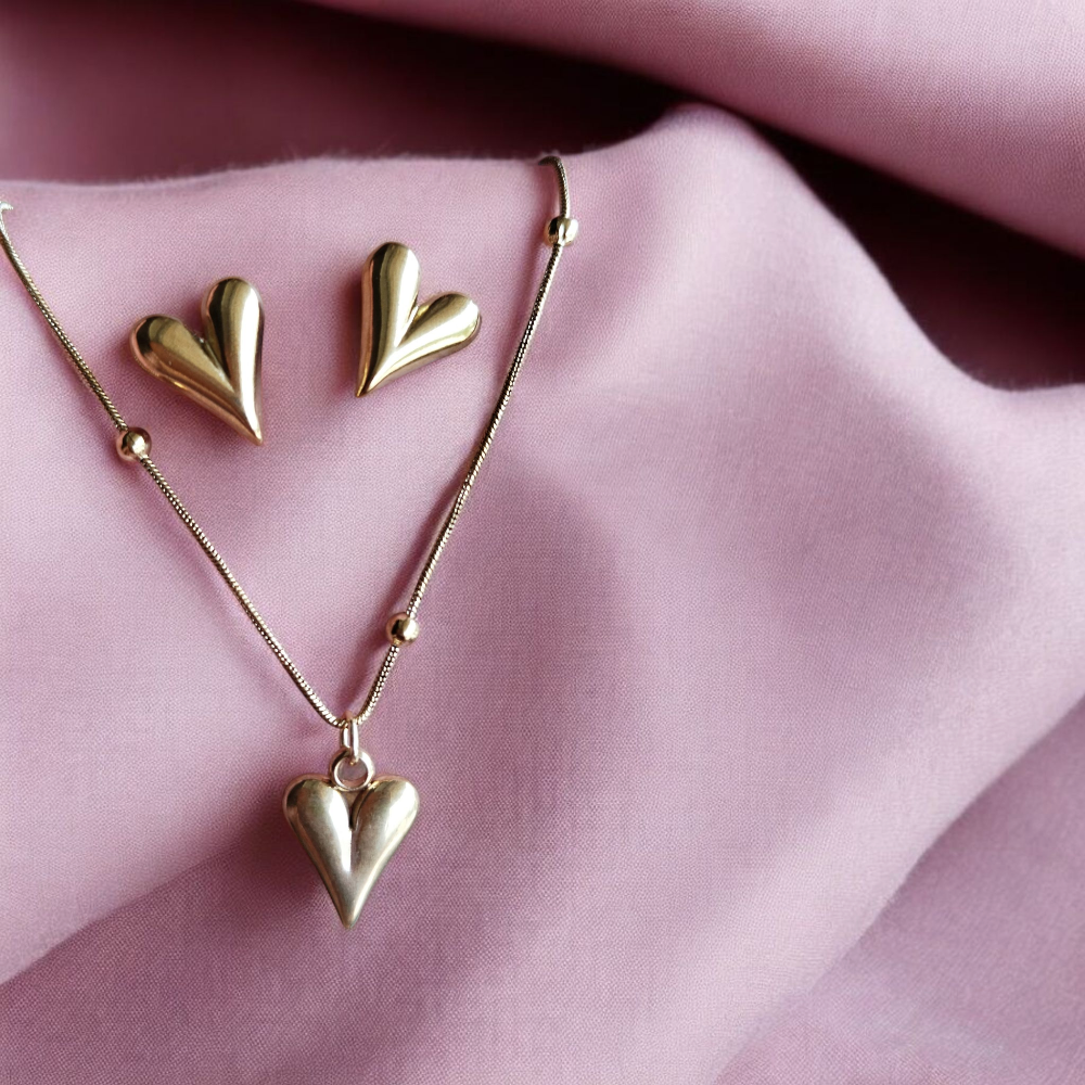 Golden Heart Shaped Earrings and Necklace
