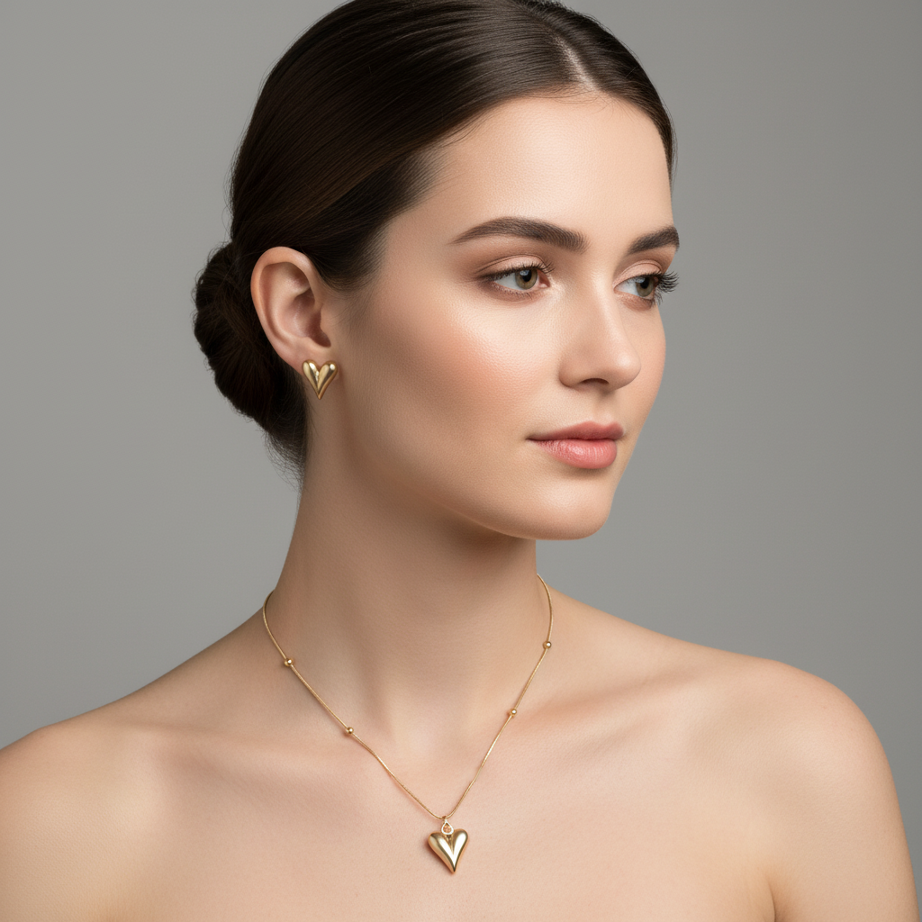 Golden Heart Shaped Earrings and Necklace