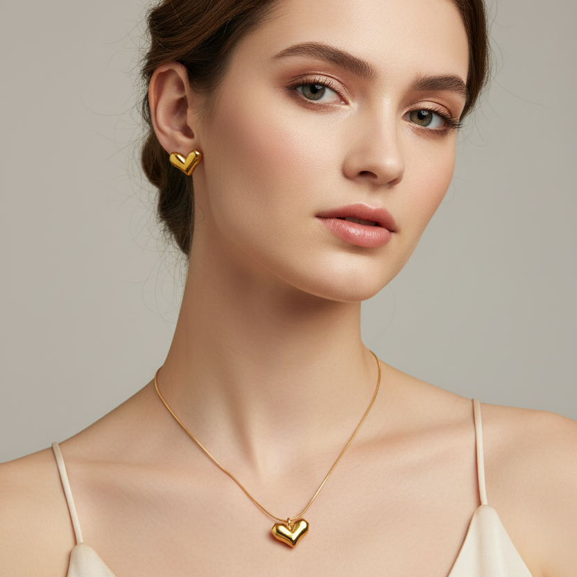 Gold heart shape necklace and earrings