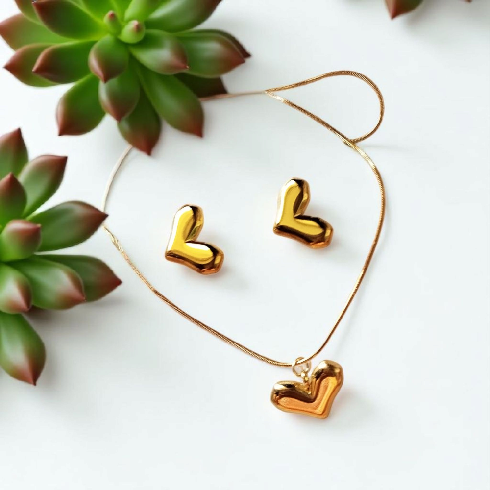 Gold heart shape necklace and earrings