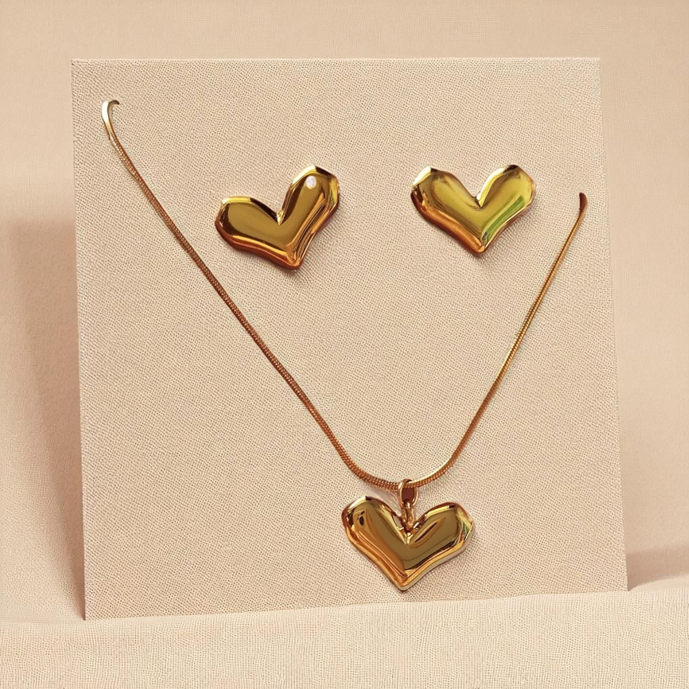 Gold heart shape necklace and earrings