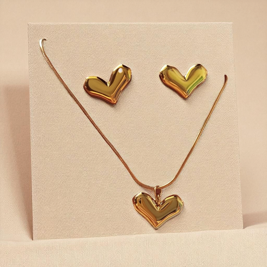Gold heart shape necklace and earrings