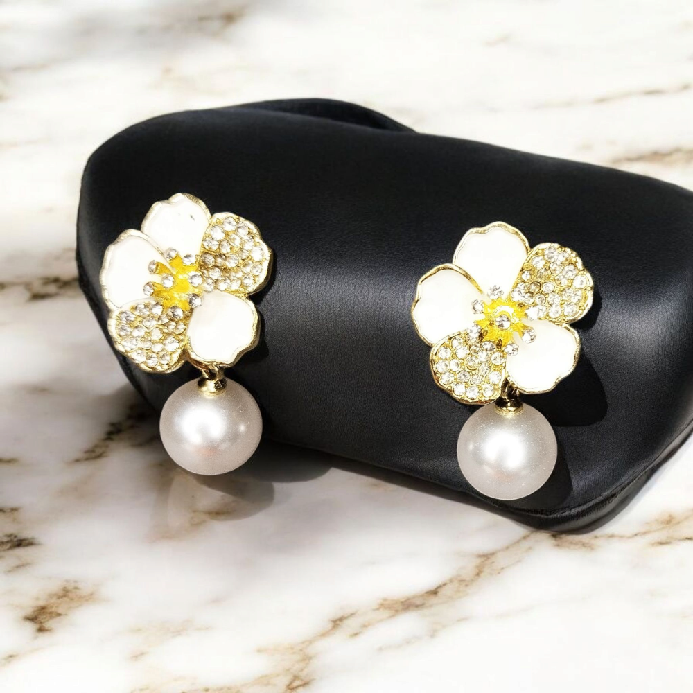 White Floral Design and Pearl Beads Earrings