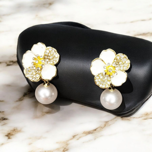 White Floral Design and Pearl Beads Earrings
