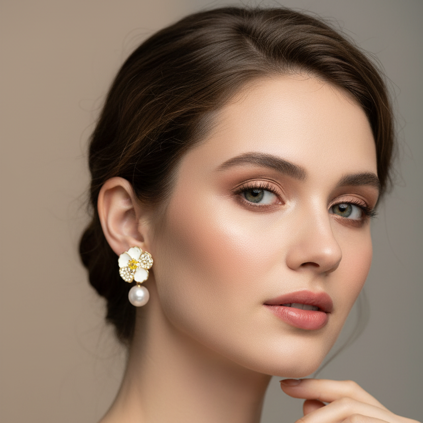 White Floral Design and Pearl Beads Earrings