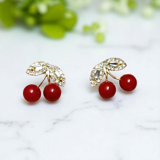 Cherry earrings with diamond leaf