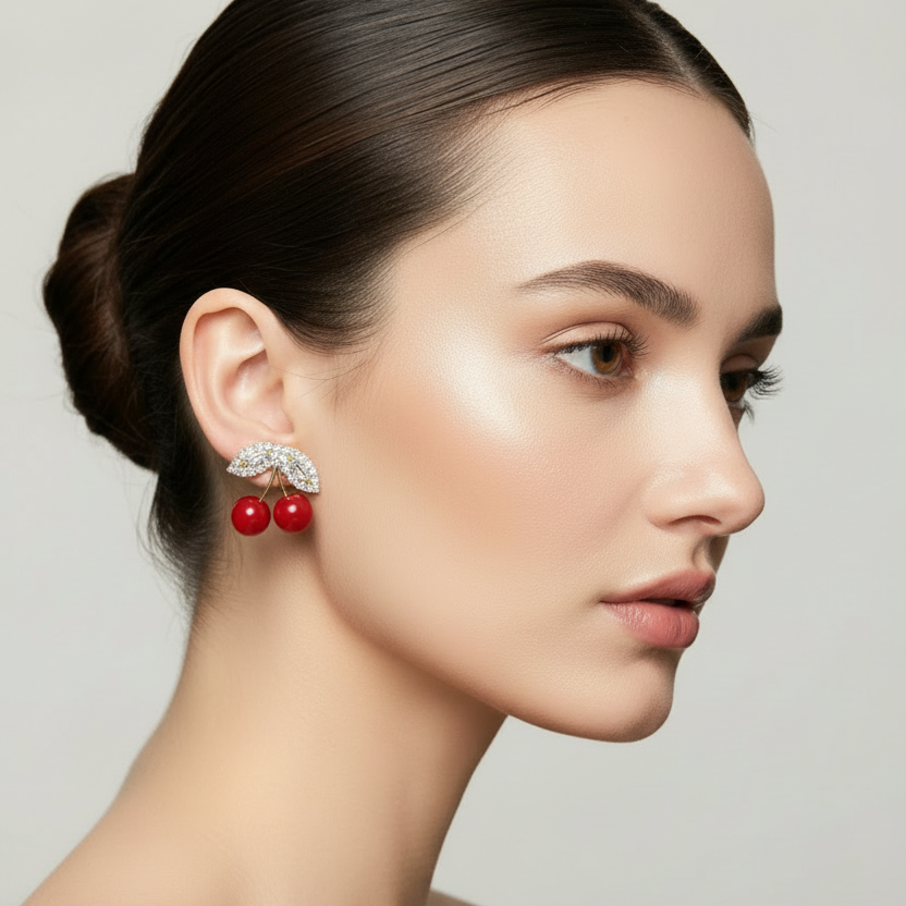 Cherry earrings with diamond leaf