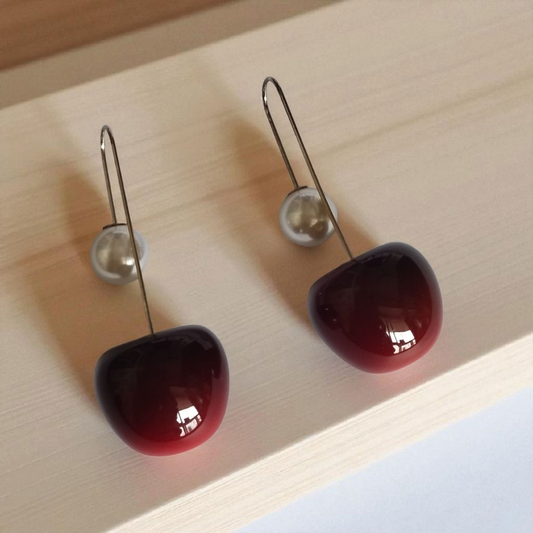 Red Big Cherry Earrings with Pearl