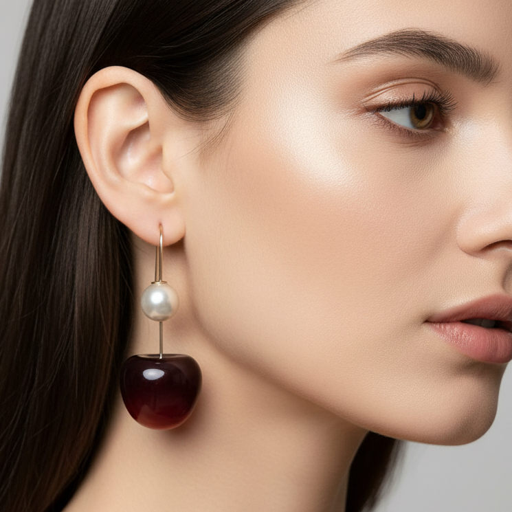 Red Big Cherry Earrings with Pearl
