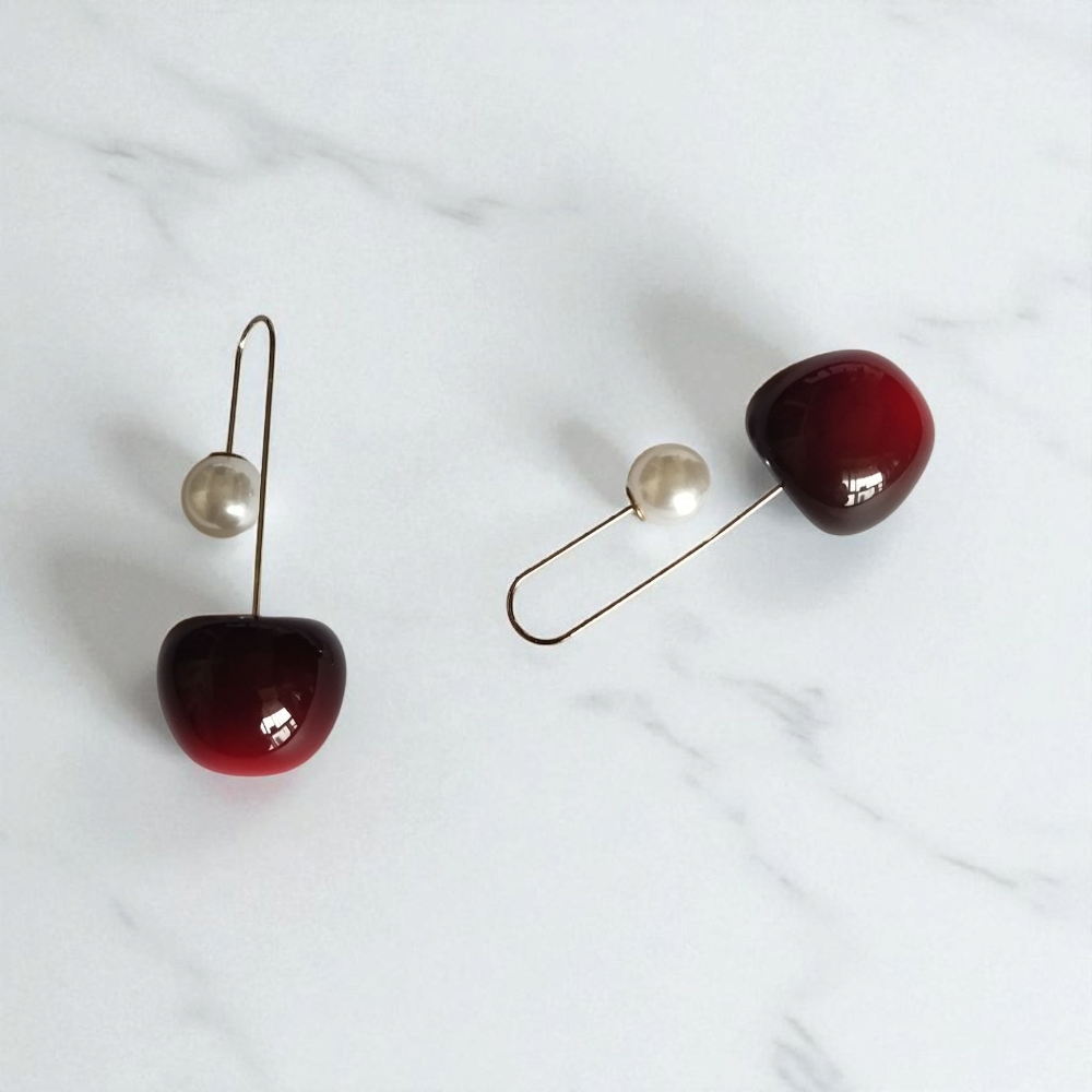 Red Big Cherry Earrings with Pearl