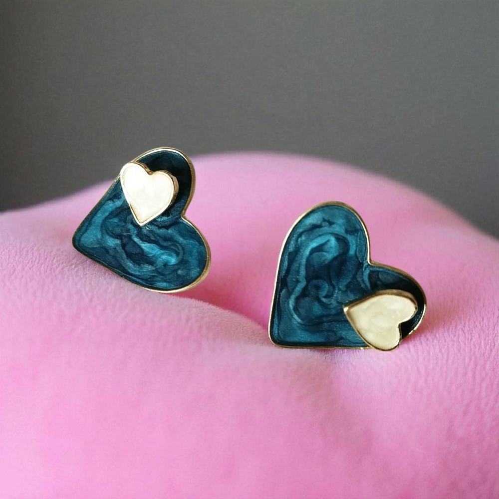 Blue Enamel Heart Love Earrings