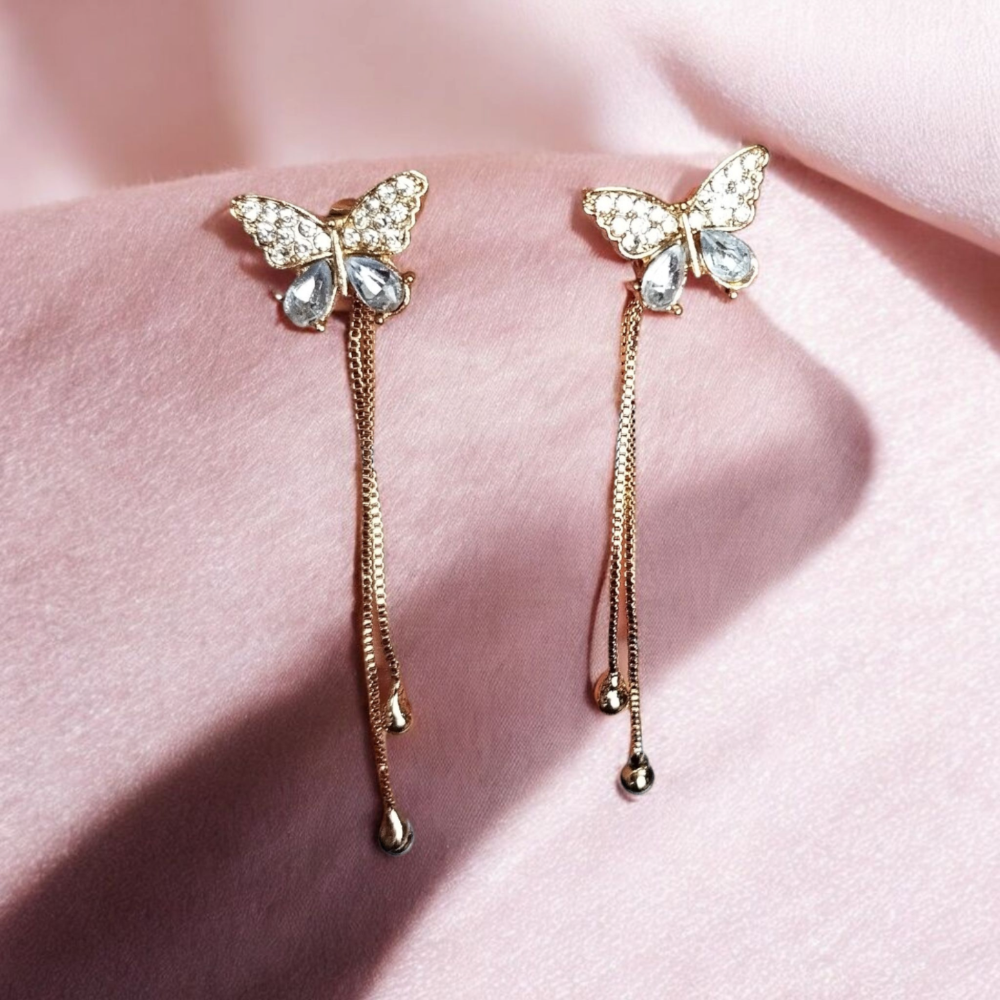 Gold Butterfly Earrings with Long Chain