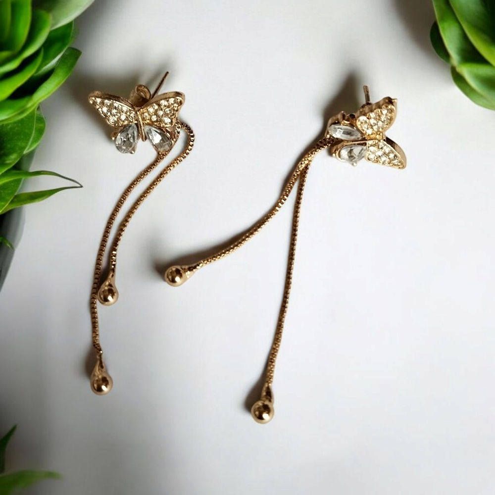 Gold Butterfly Earrings with Long Chain
