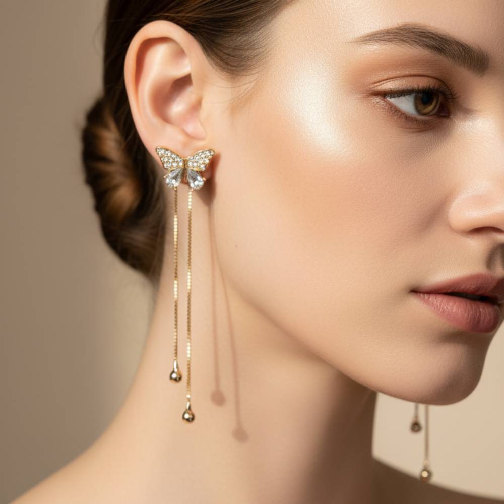 Gold Butterfly Earrings with Long Chain