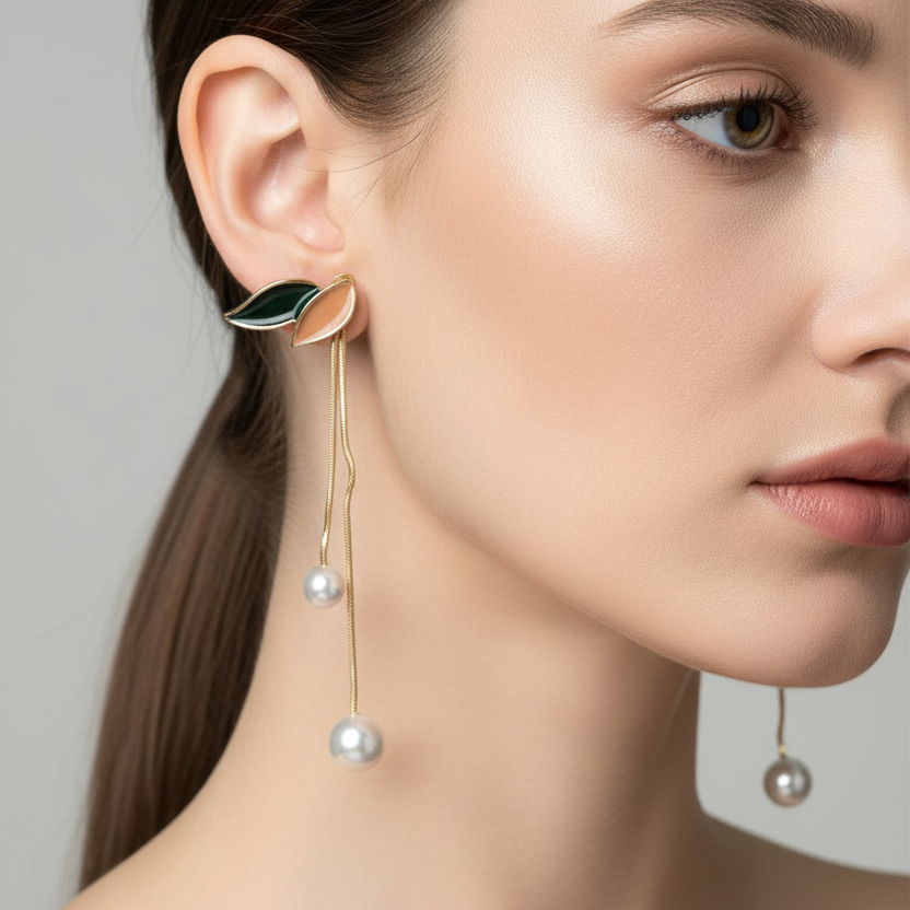 Pair of earrings with leaf and pearl