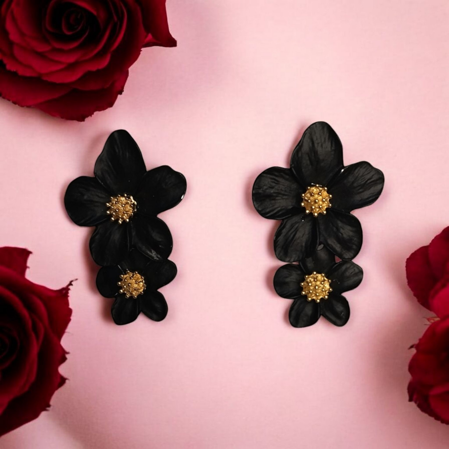 Black Double Flower Earrings