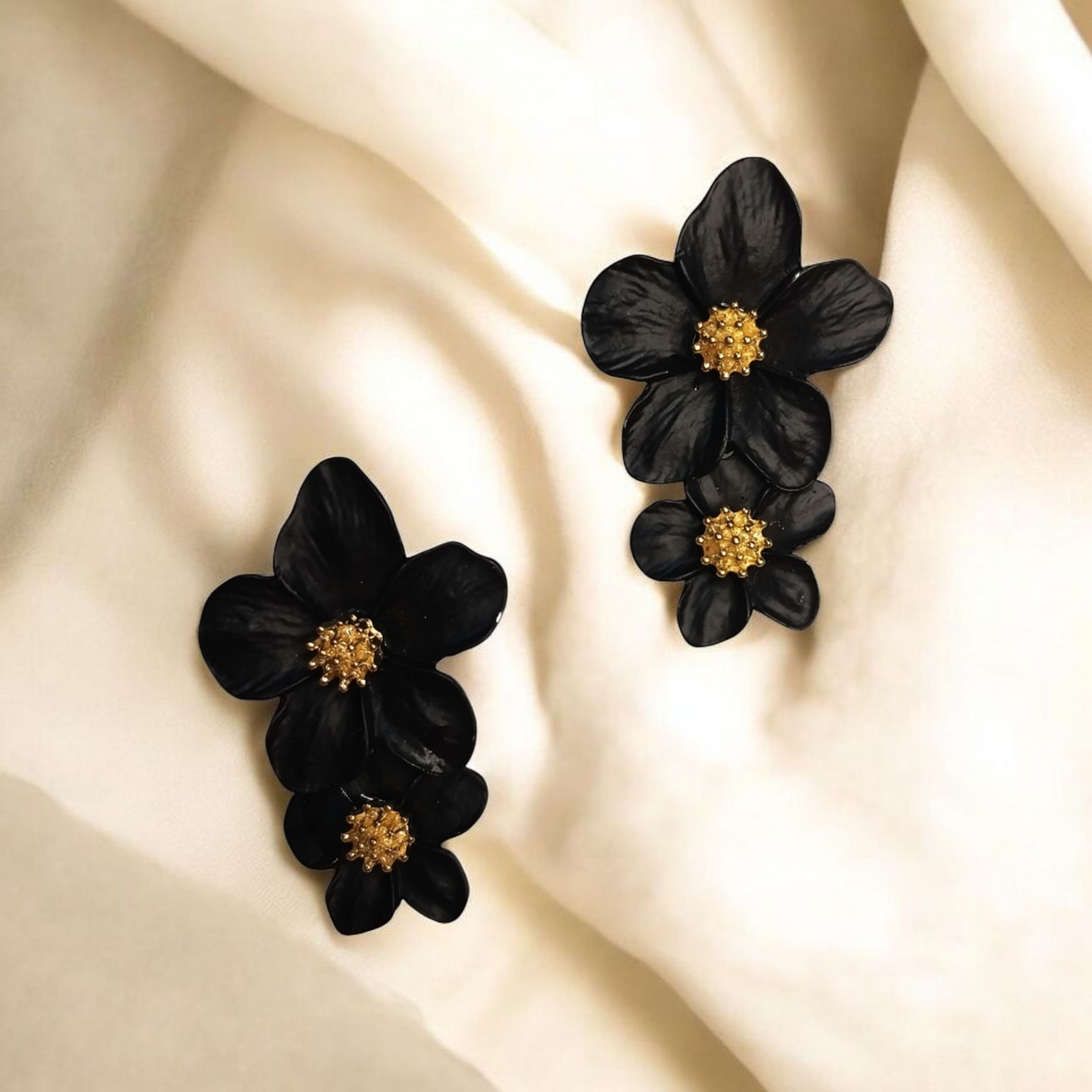 Black Double Flower Earrings