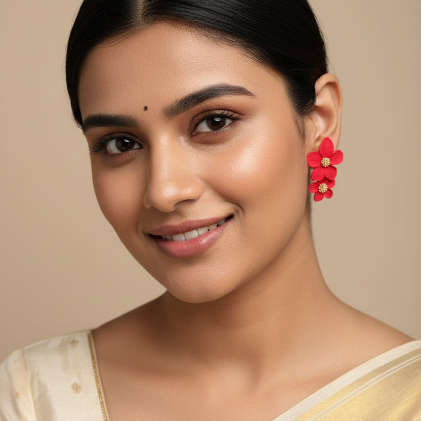 Red Double Flower Earrings