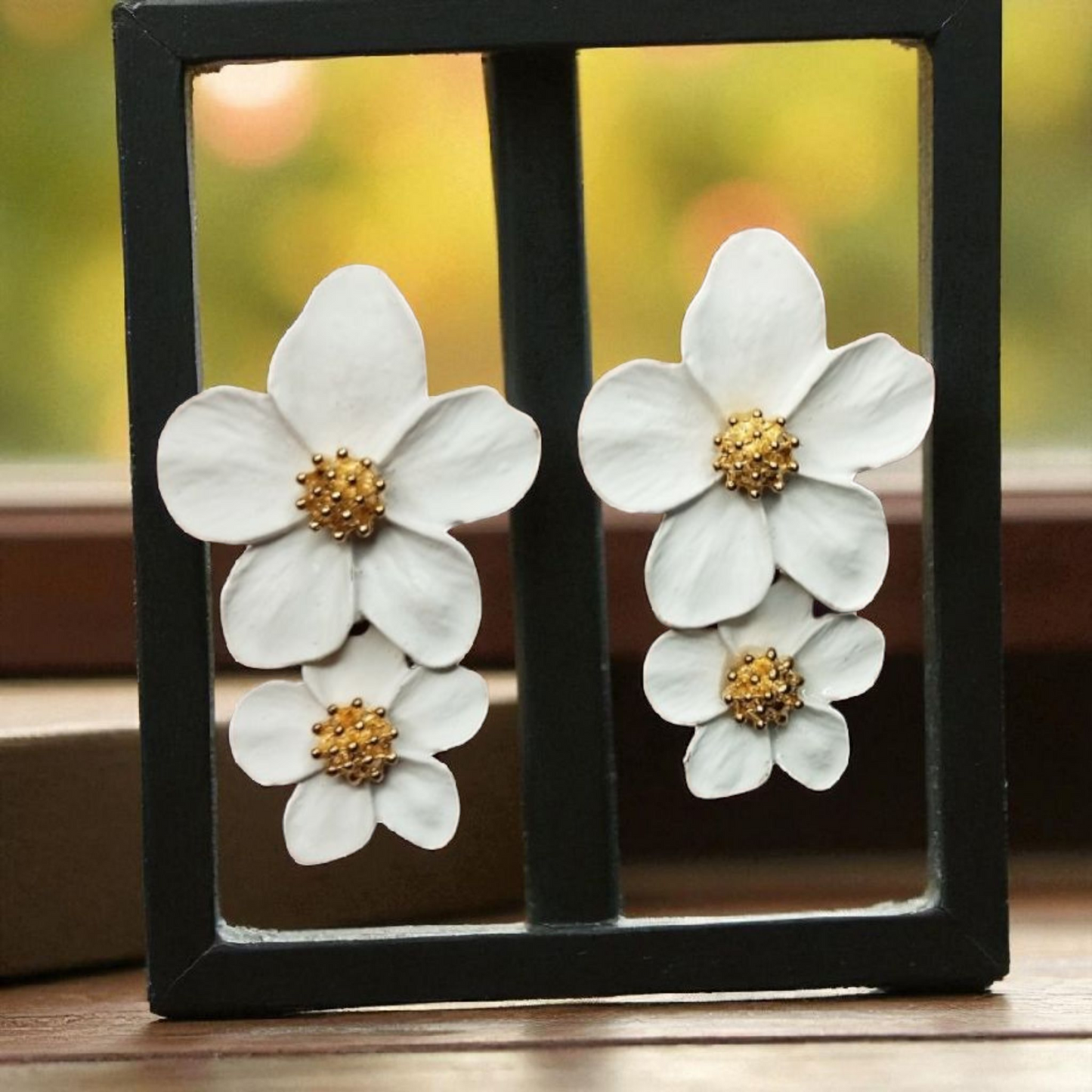White Double Flower Earrings