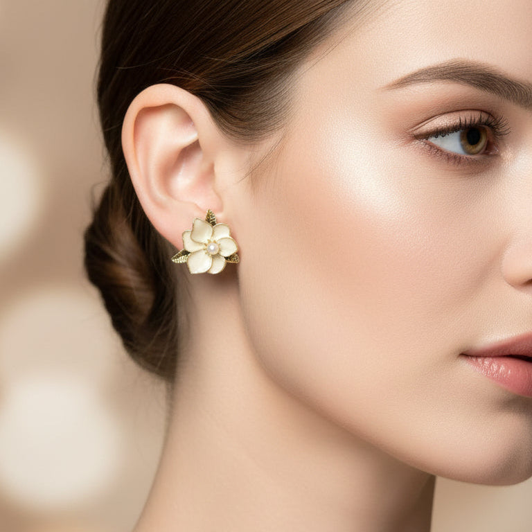 White Floral Earrings with Leaf