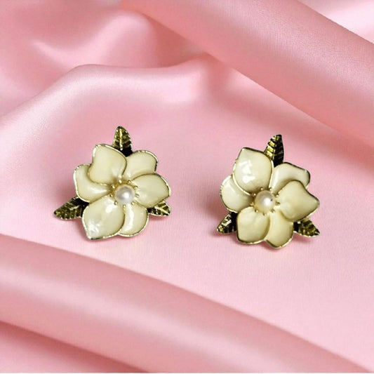 White Floral Earrings with Leaf