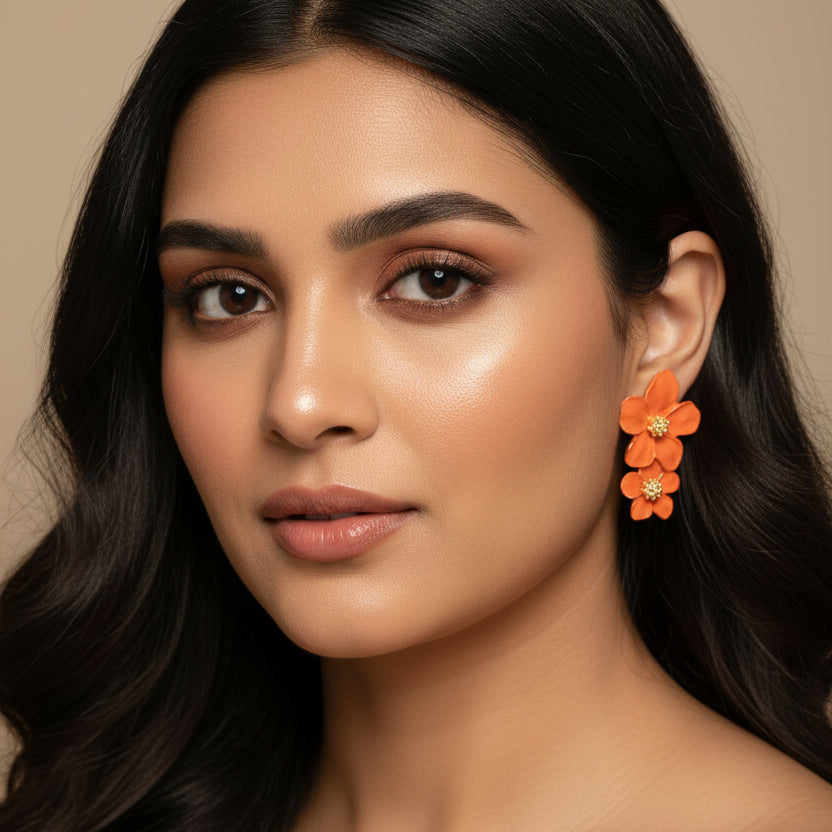 Orange Double Flower Earrings