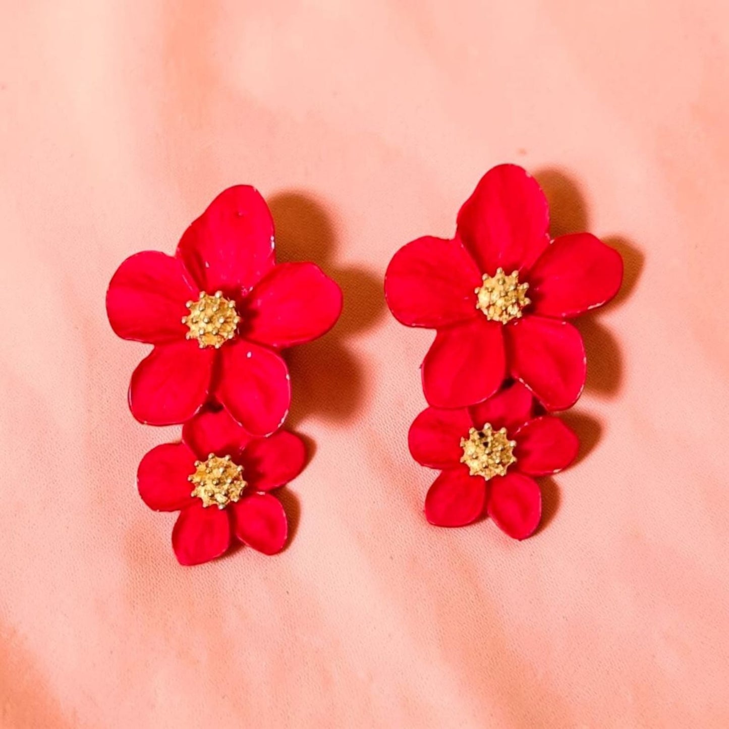 Red Double Flower Earrings
